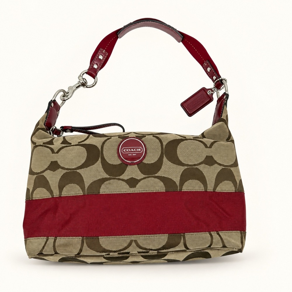 Coach Carly F17434 Signature Stripe Hobo Khaki Red Jacquard Shoulder Bag Y2K